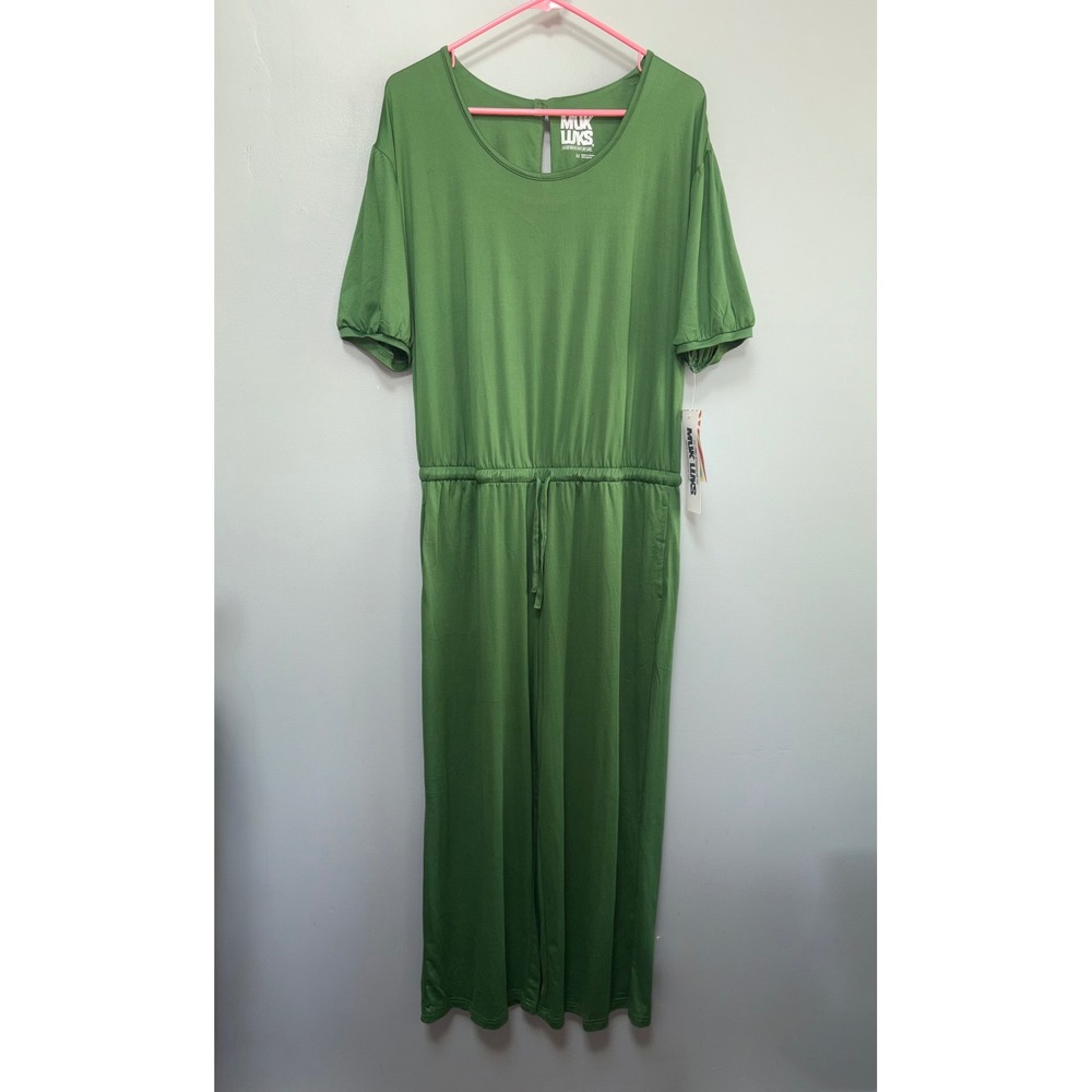 Muk Luks Womens Green Short Sleeve Wide Leg Drawstring Waist Jumpsuit Size M NWT